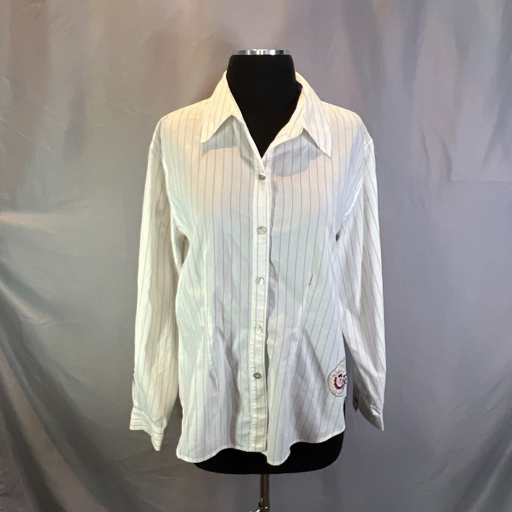 Chico's Shirt Womens 2 White Black Striped Embroidered Long Sleeve Button Up